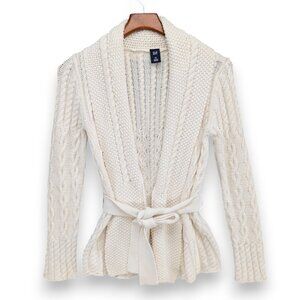 Vtg GAP Cable Knit Cardigan Womens Cream Belted Cotton Blend Sweater Size XS